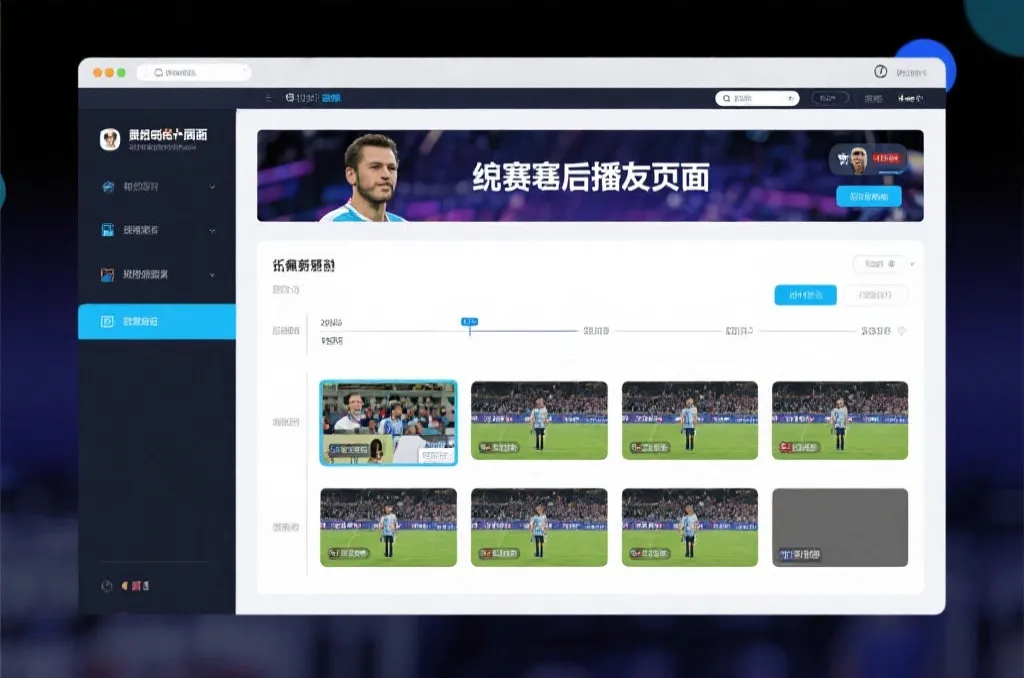 比赛结束后，电视屏幕展示集锦回放页面，旁边有时间轴和多角度切换提示